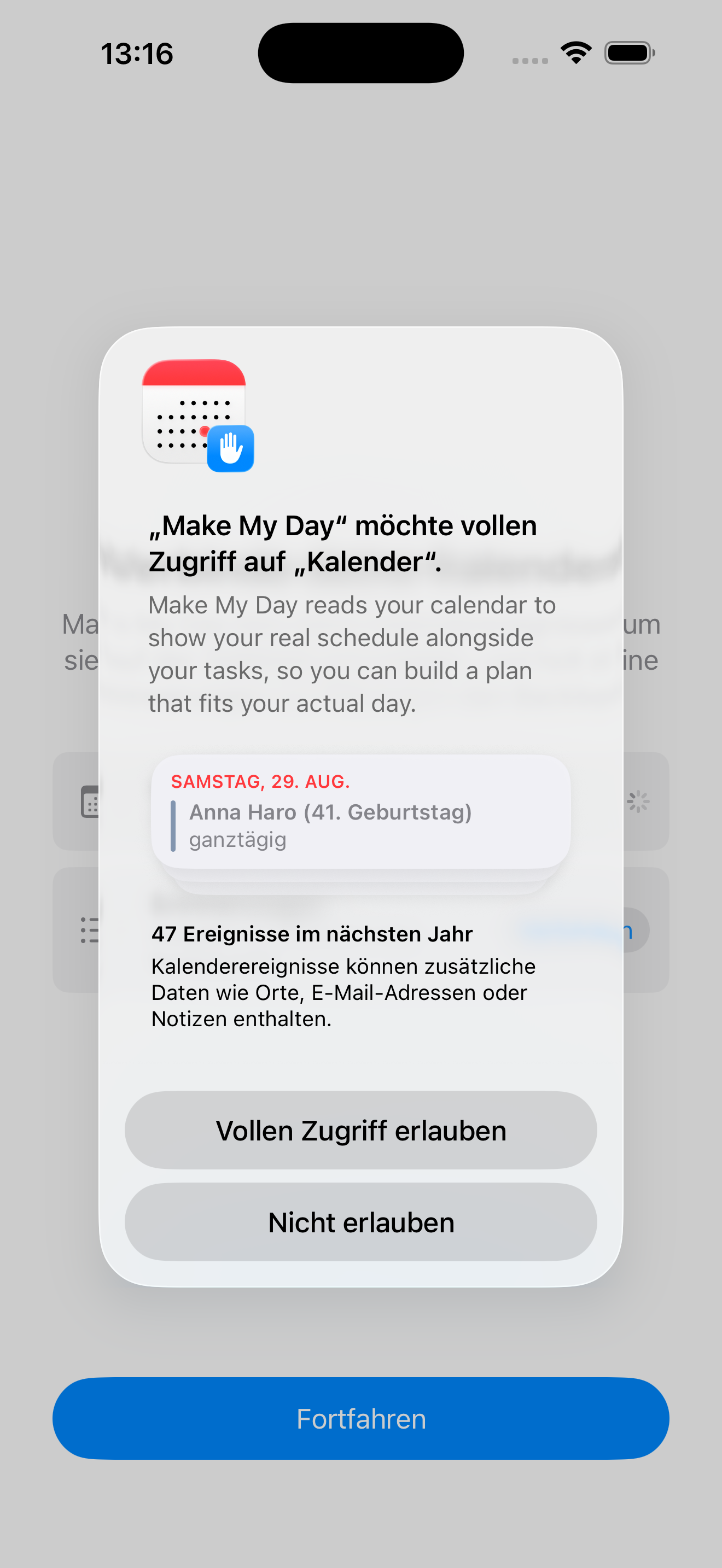 Der iOS-Dialog, der vollen Zugriff auf den Kalender erbittet, über dem Startbildschirm von Make My Day