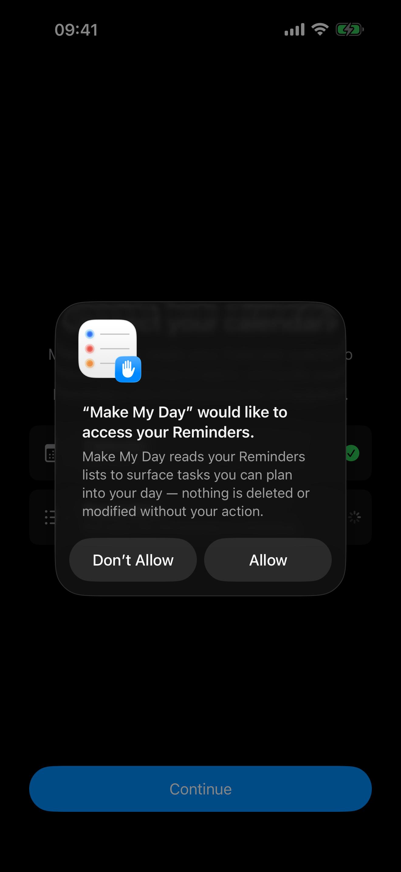 The iOS permission prompt asking to access your Reminders, shown over Make My Day's first-launch screen