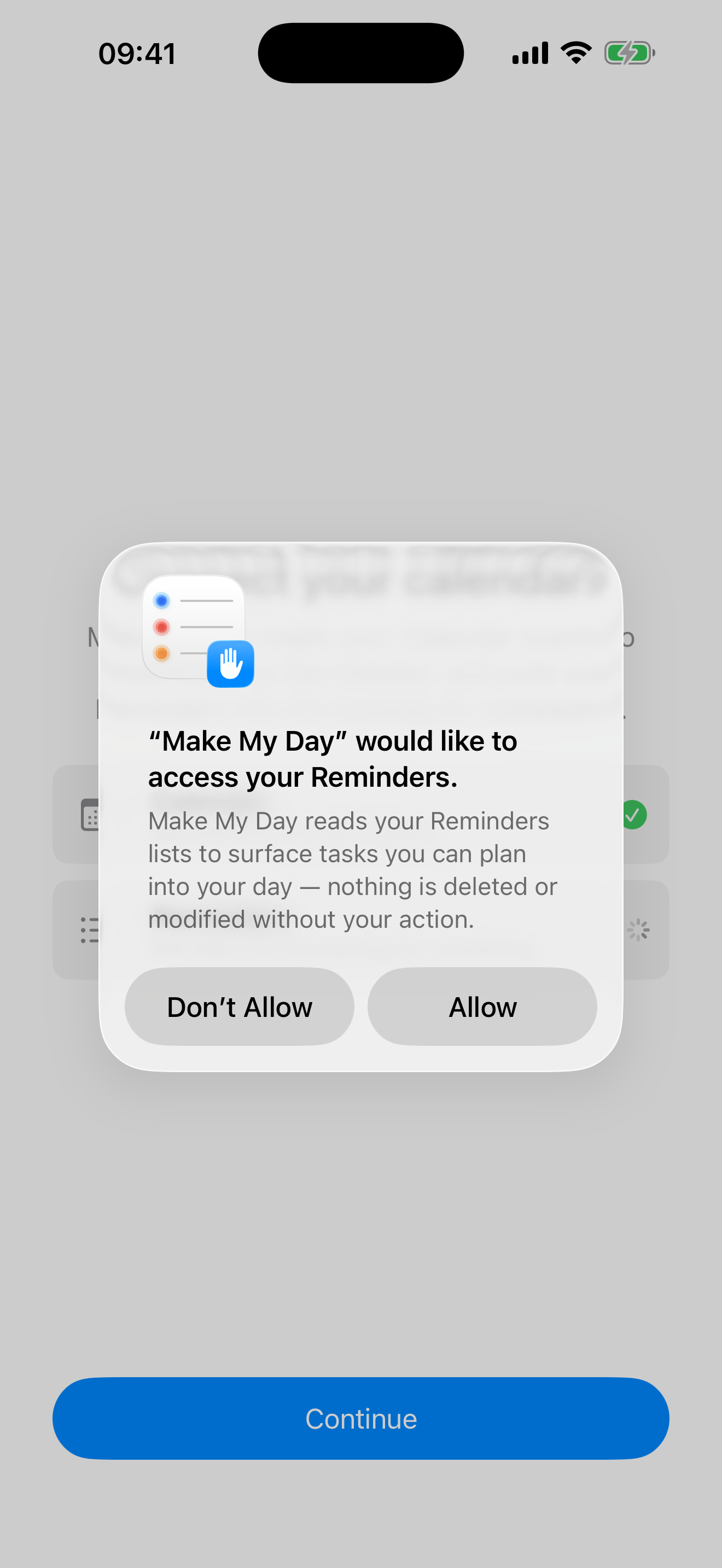 The iOS permission prompt asking to access your Reminders, shown over Make My Day's first-launch screen