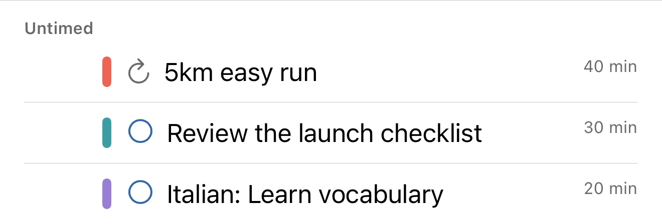 A future day's untimed list: the repeating task “5km easy run” carries a repeat symbol where its tick-box would be, above two ordinary tasks with empty tick-boxes