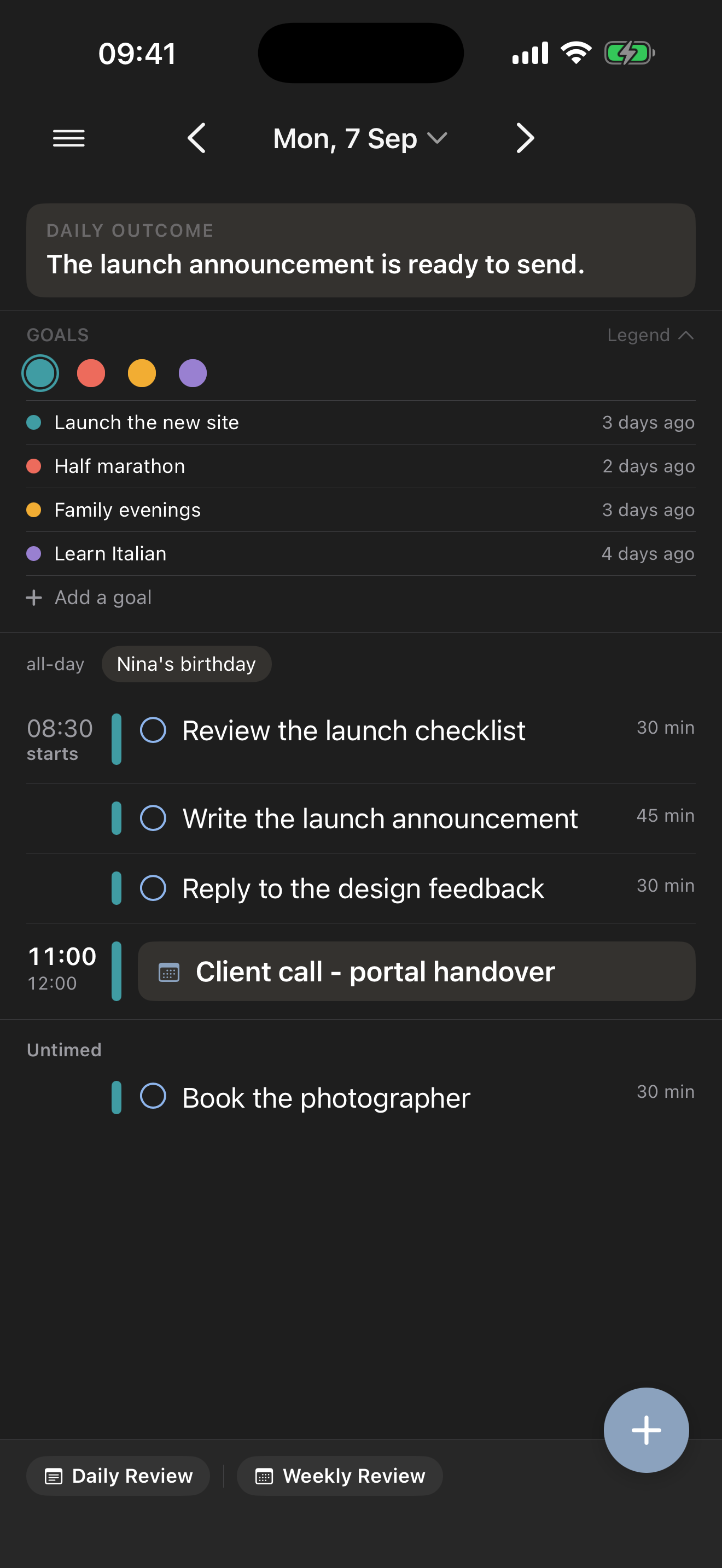 One goal selected in the goal bar, the day filtered down to the five items linked to it