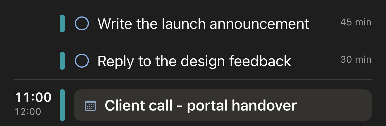 Two tasks and a client call on the timeline, each carrying the teal rail of the goal they serve