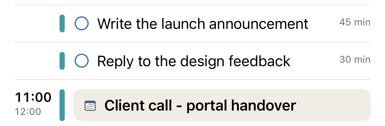Two tasks and a client call on the timeline, each carrying the teal rail of the goal they serve