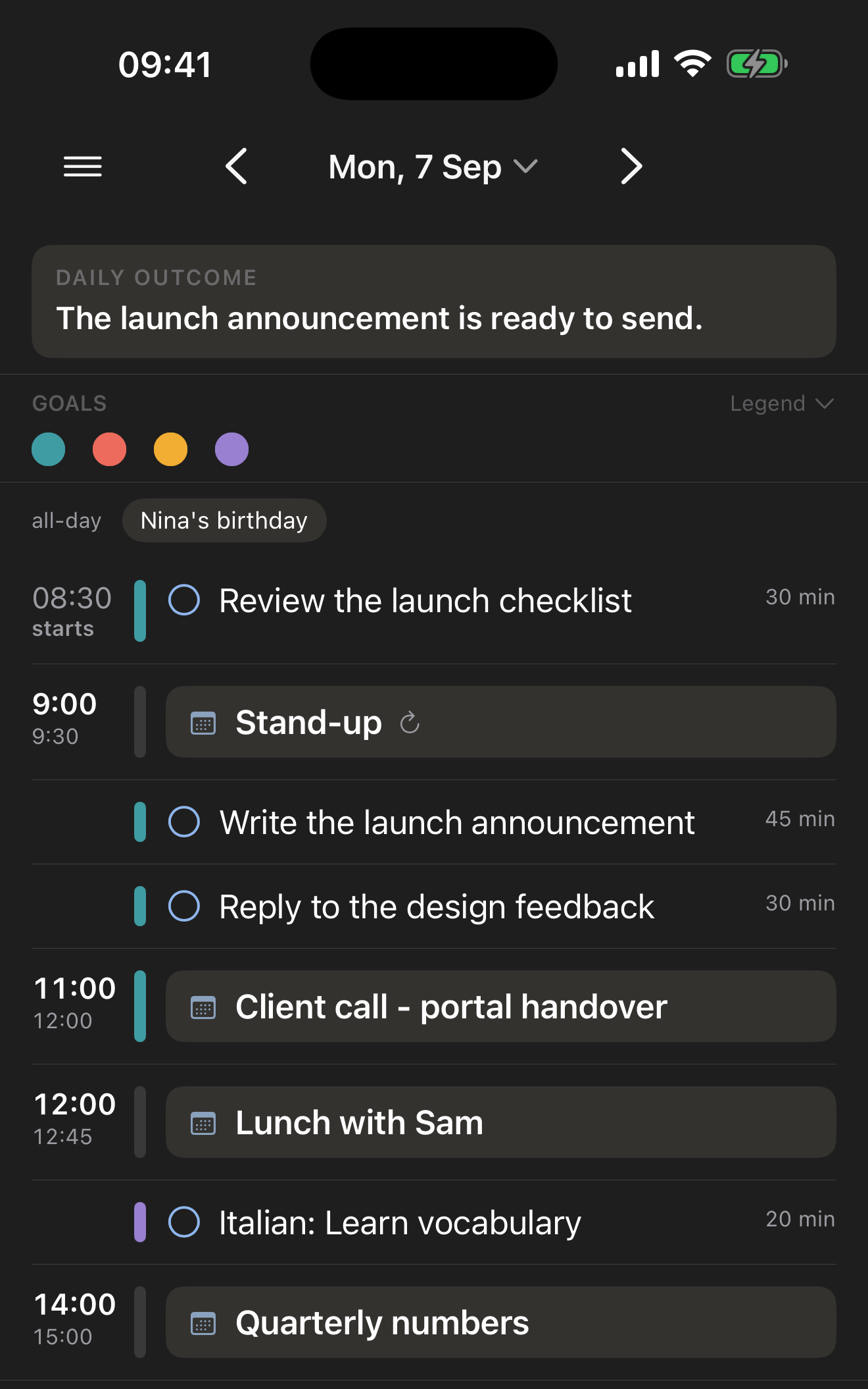 Make My Day auf dem iPhone: ein Tag mit dem Tagesergebnis oben, vier Zielen in ihren Farben und Terminen wie Aufgaben auf einer Zeitleiste — ein Stand-up, Arbeit in der Lücke vor einem Kundentermin, Mittagessen und Sprachpraxis am Nachmittag.