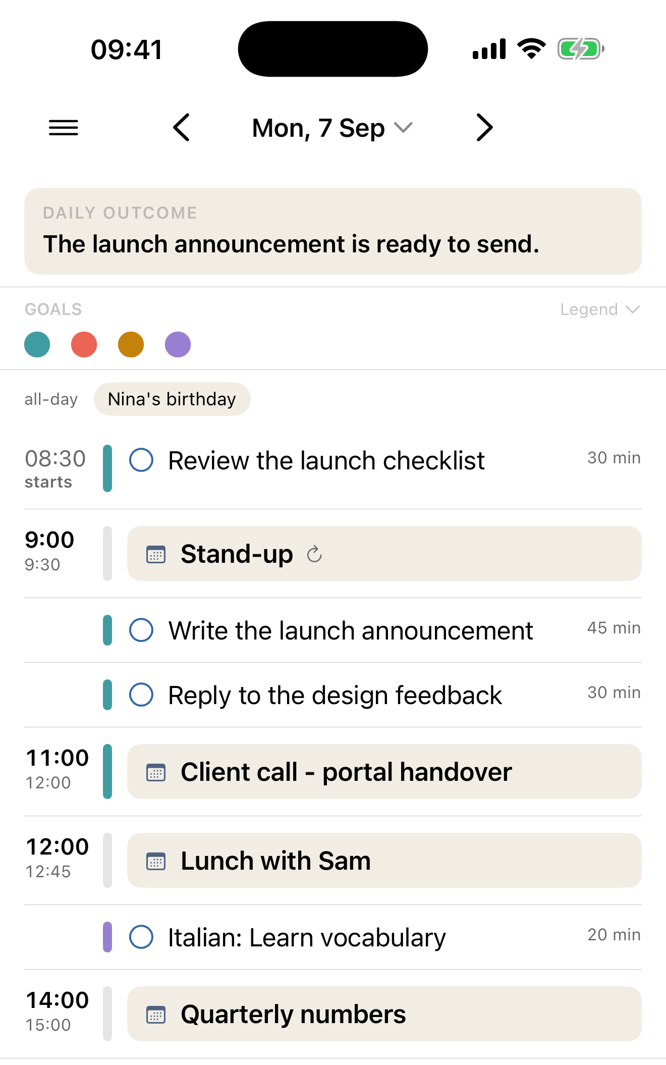 Make My Day auf dem iPhone: ein Tag mit dem Tagesergebnis oben, vier Zielen in ihren Farben und Terminen wie Aufgaben auf einer Zeitleiste — ein Stand-up, Arbeit in der Lücke vor einem Kundentermin, Mittagessen und Sprachpraxis am Nachmittag.