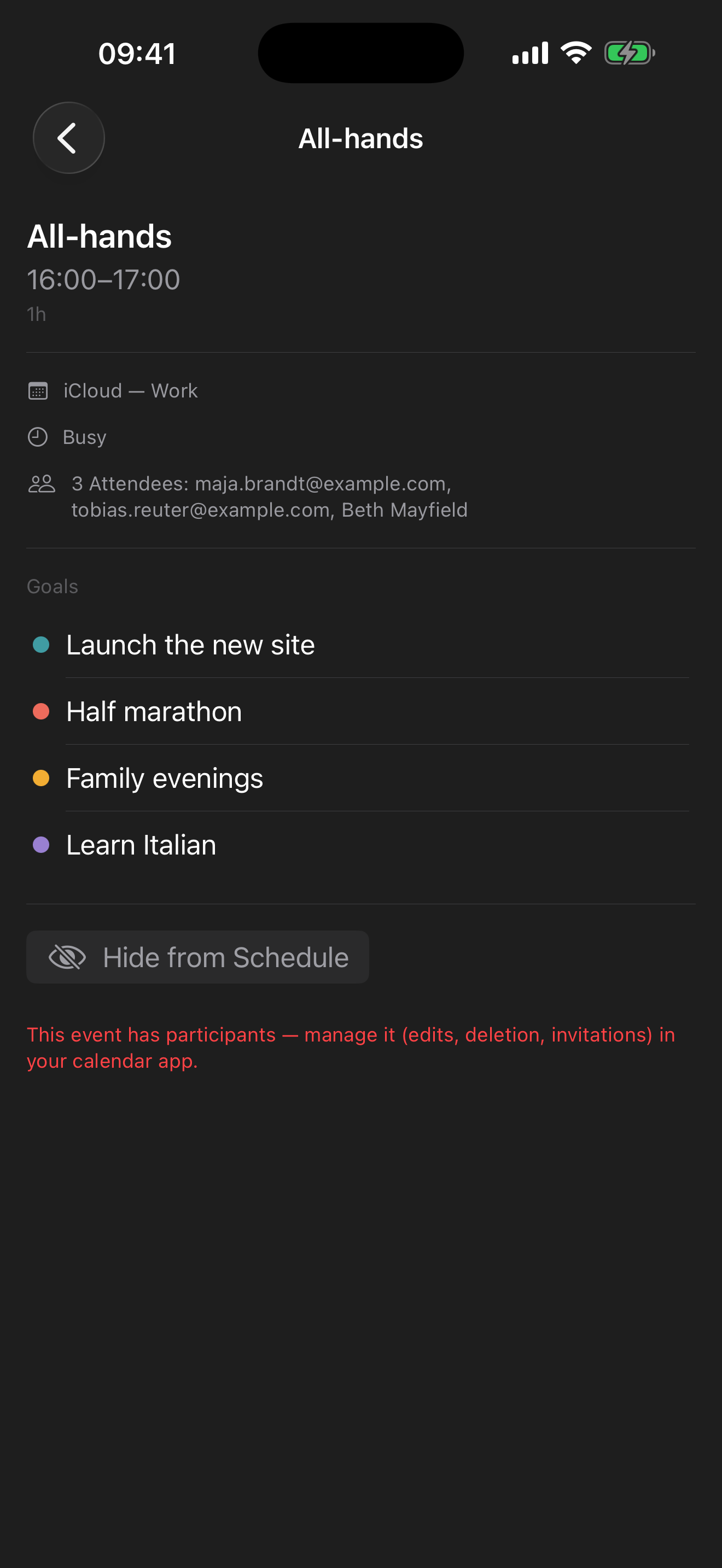 The detail panel for an event that has other people on it: read-only, with “Hide from Schedule” still available and a note to manage the event in your calendar app