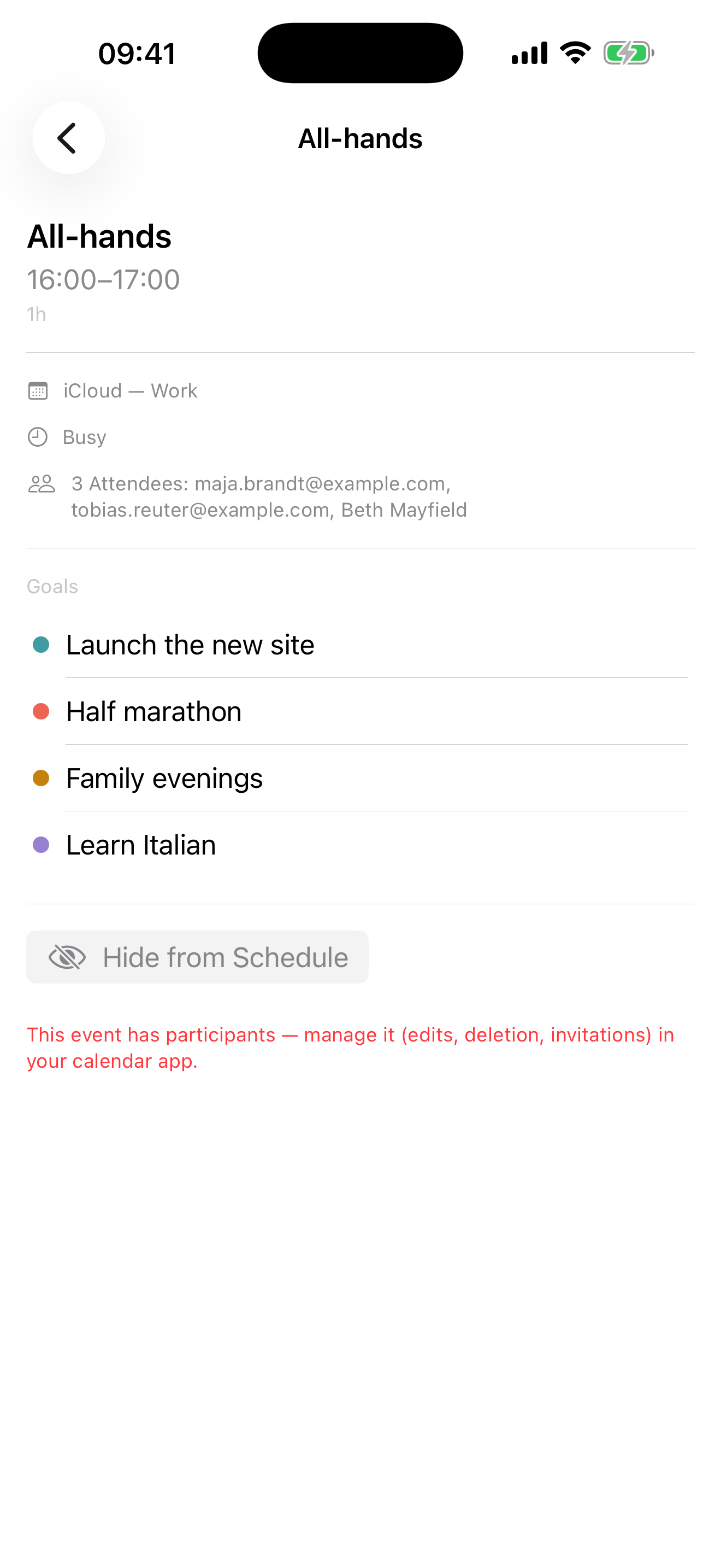 The detail panel for an event that has other people on it: read-only, with “Hide from Schedule” still available and a note to manage the event in your calendar app