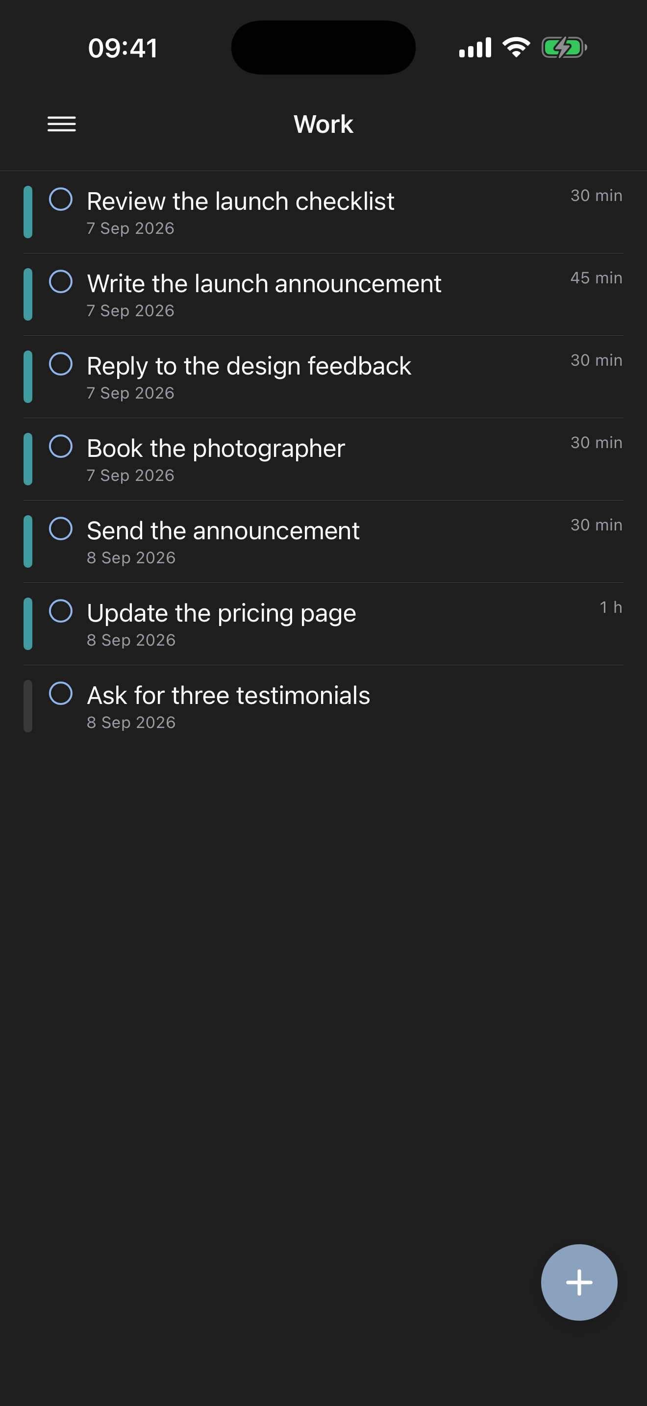 A Reminders list opened as the whole canvas, its tasks in order under the list's name instead of a date