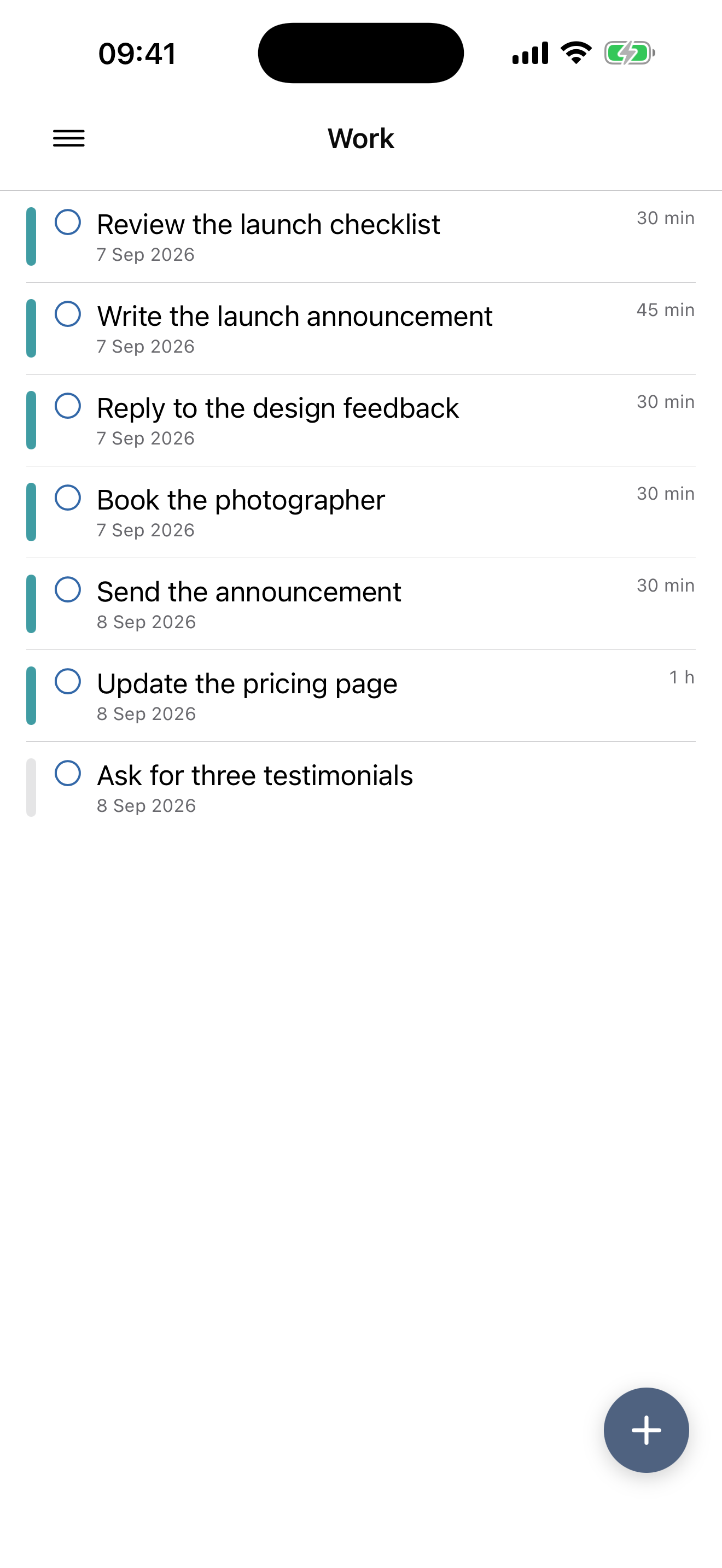 A Reminders list opened as the whole canvas, its tasks in order under the list's name instead of a date