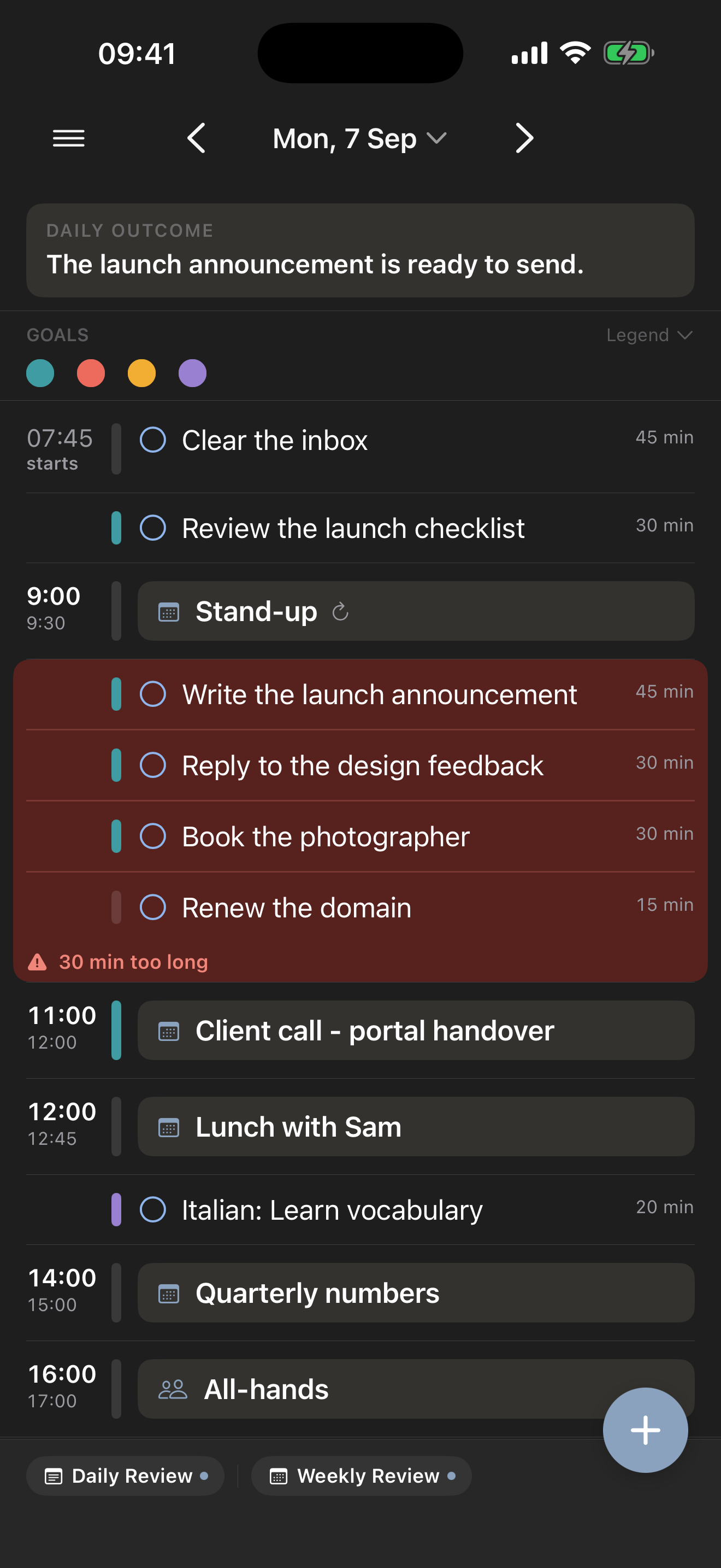 A day holding more than its hours allow: four tasks sharing a red panel that reads “30 min too long”, appointments running to the evening, and more tasks stacked below