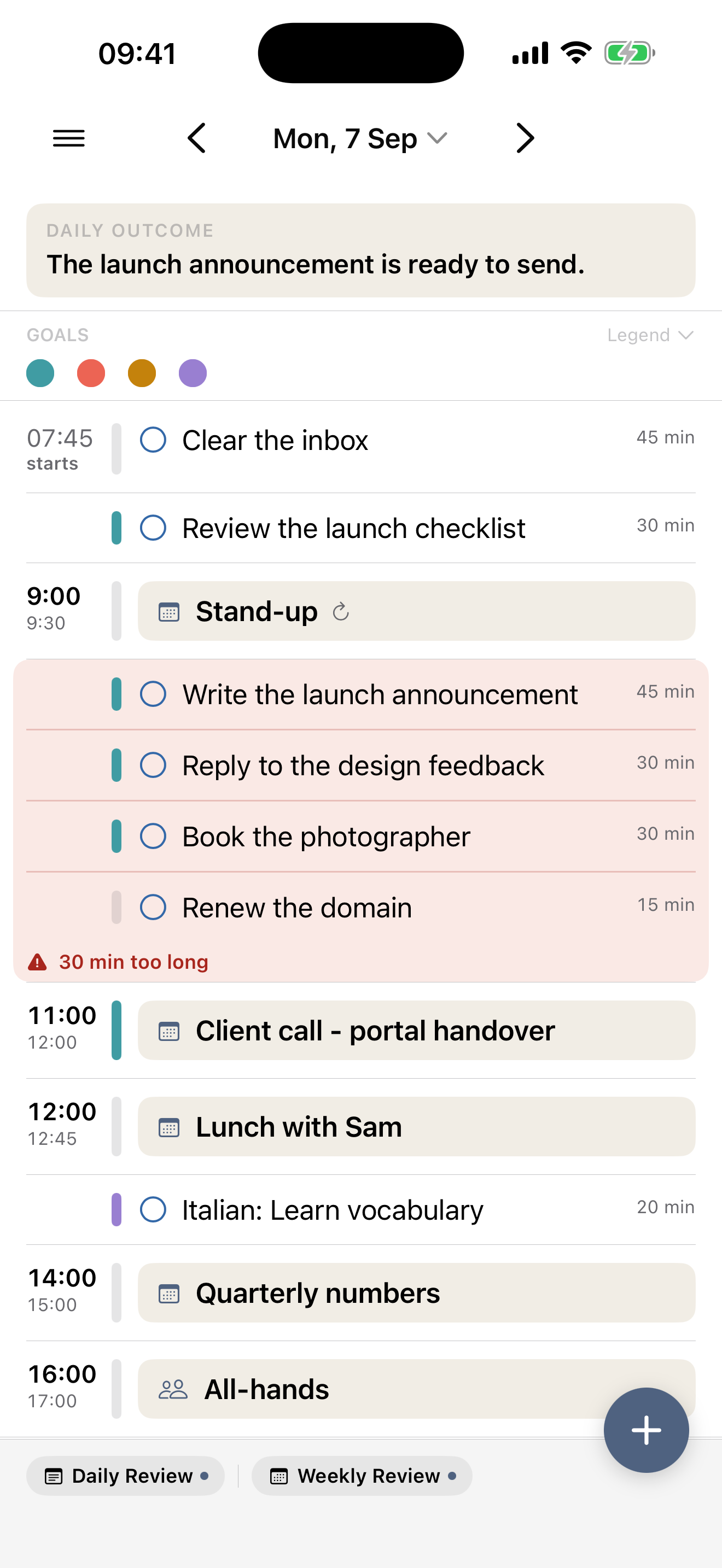 A day holding more than its hours allow: four tasks sharing a red panel that reads “30 min too long”, appointments running to the evening, and more tasks stacked below