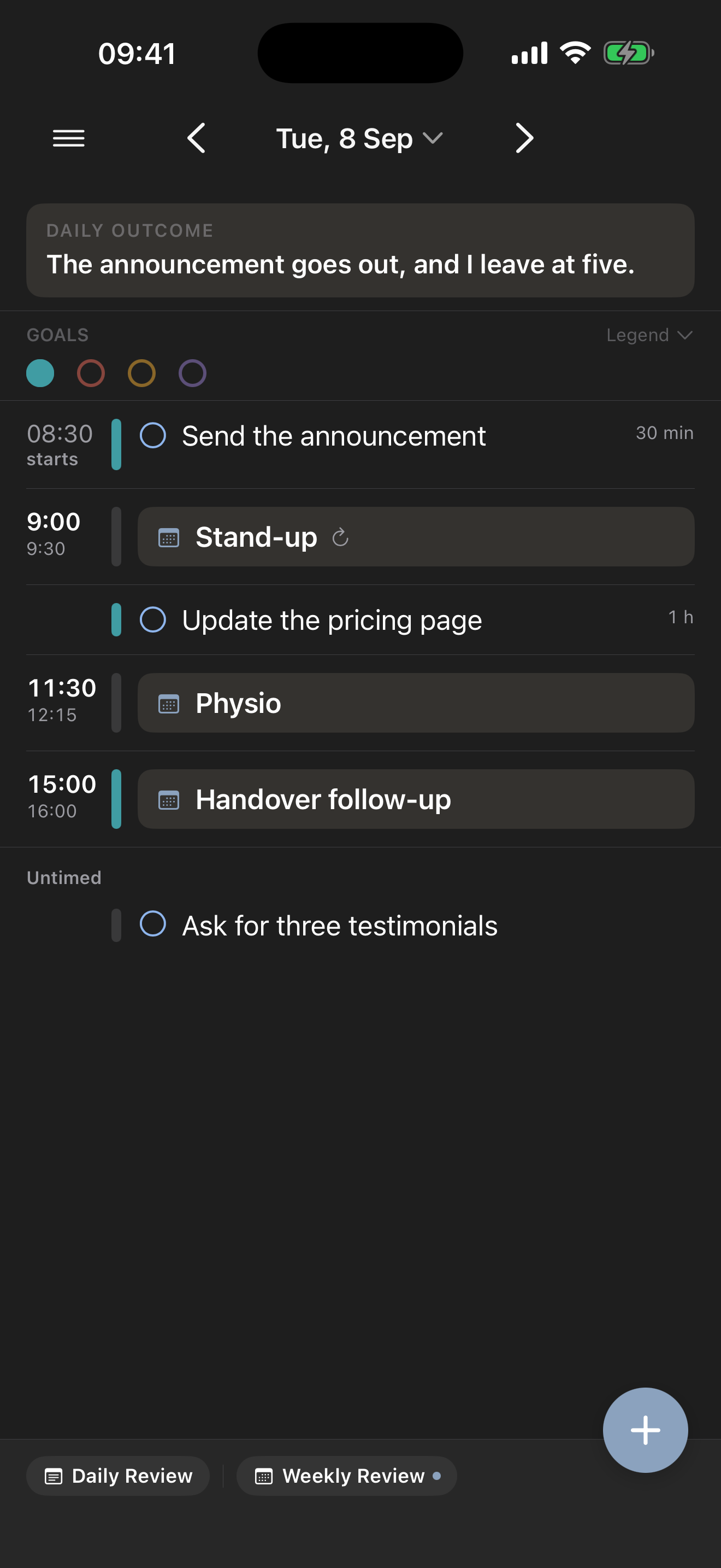 Tomorrow half-shaped the evening before: the outcome written, two tasks placed between the appointments, one still waiting untimed