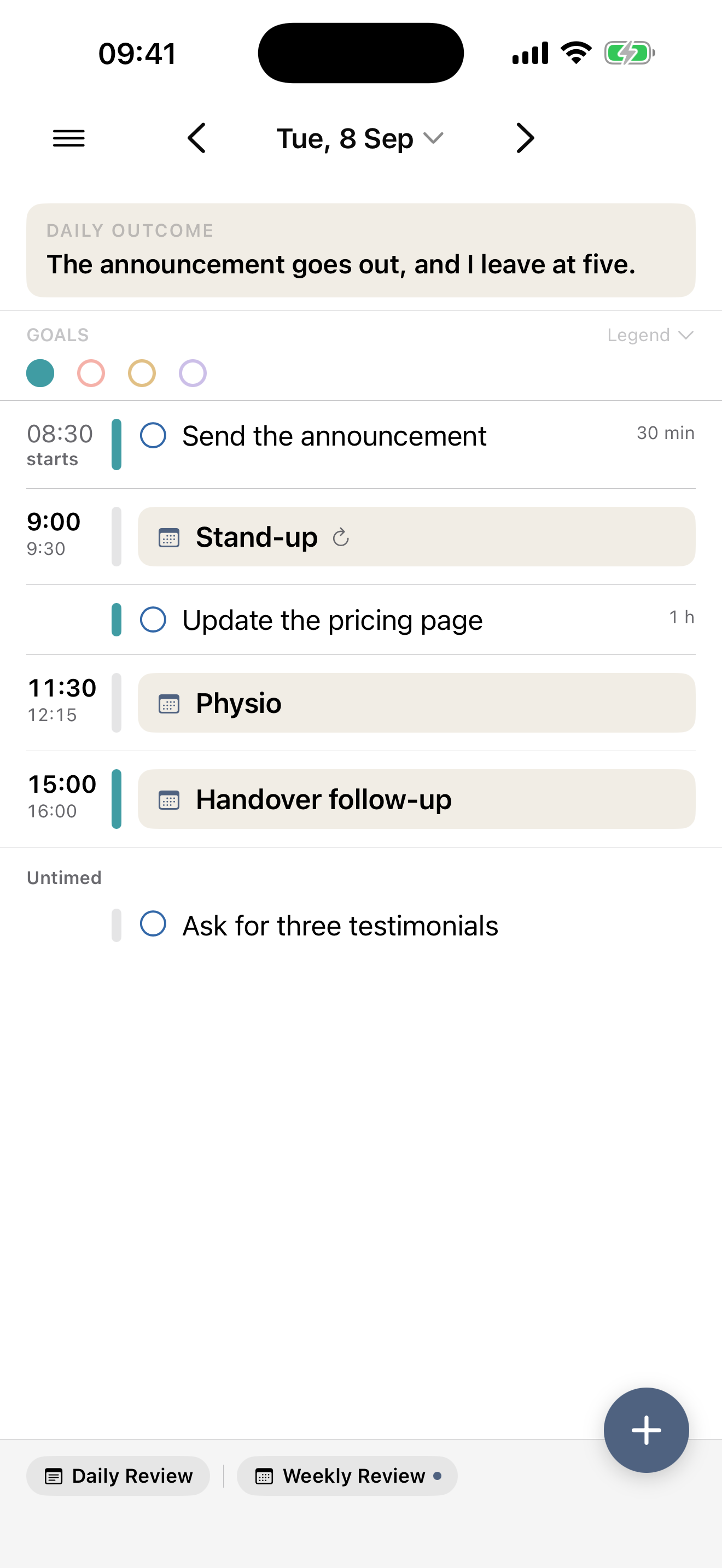 Tomorrow half-shaped the evening before: the outcome written, two tasks placed between the appointments, one still waiting untimed