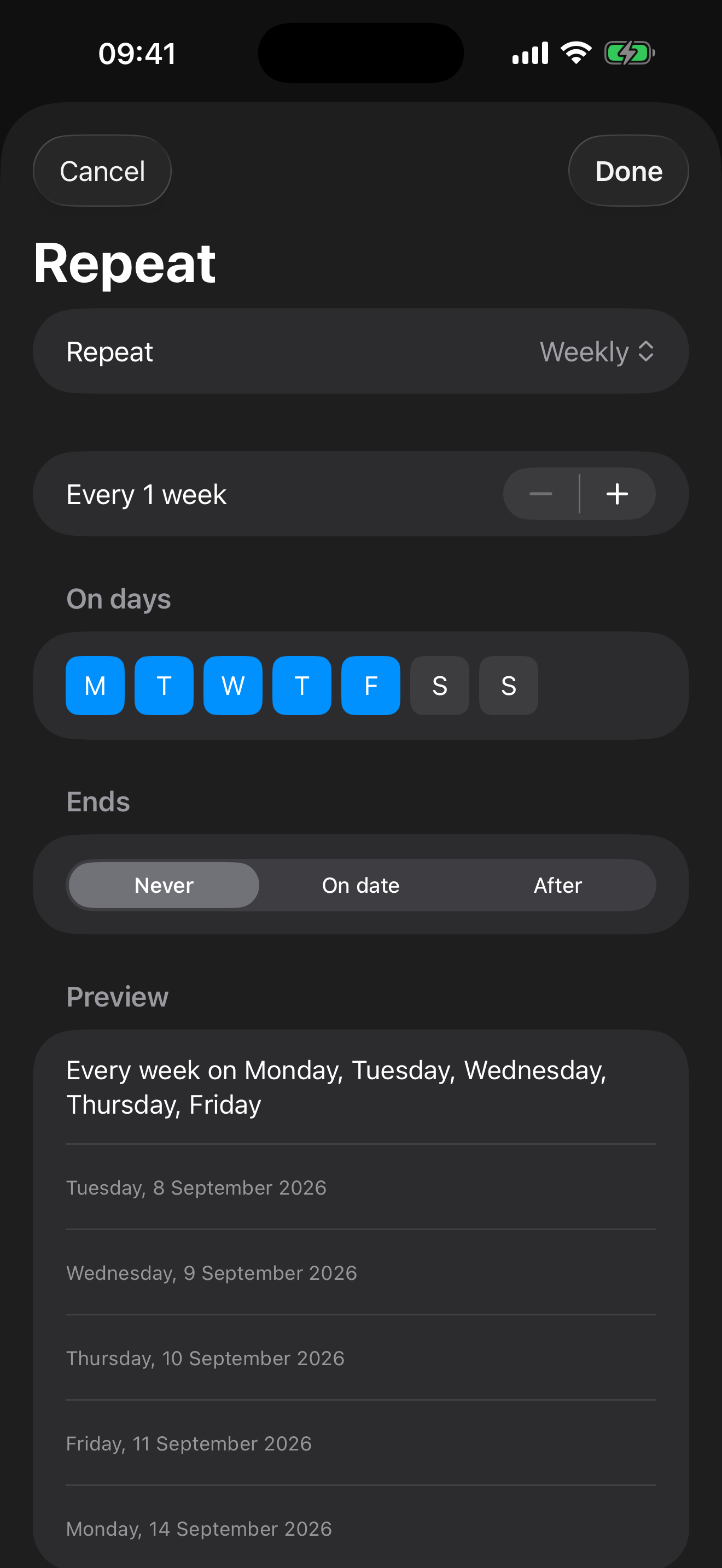 The recurrence editor set to repeat weekly on weekdays, with a preview listing the next five occurrences