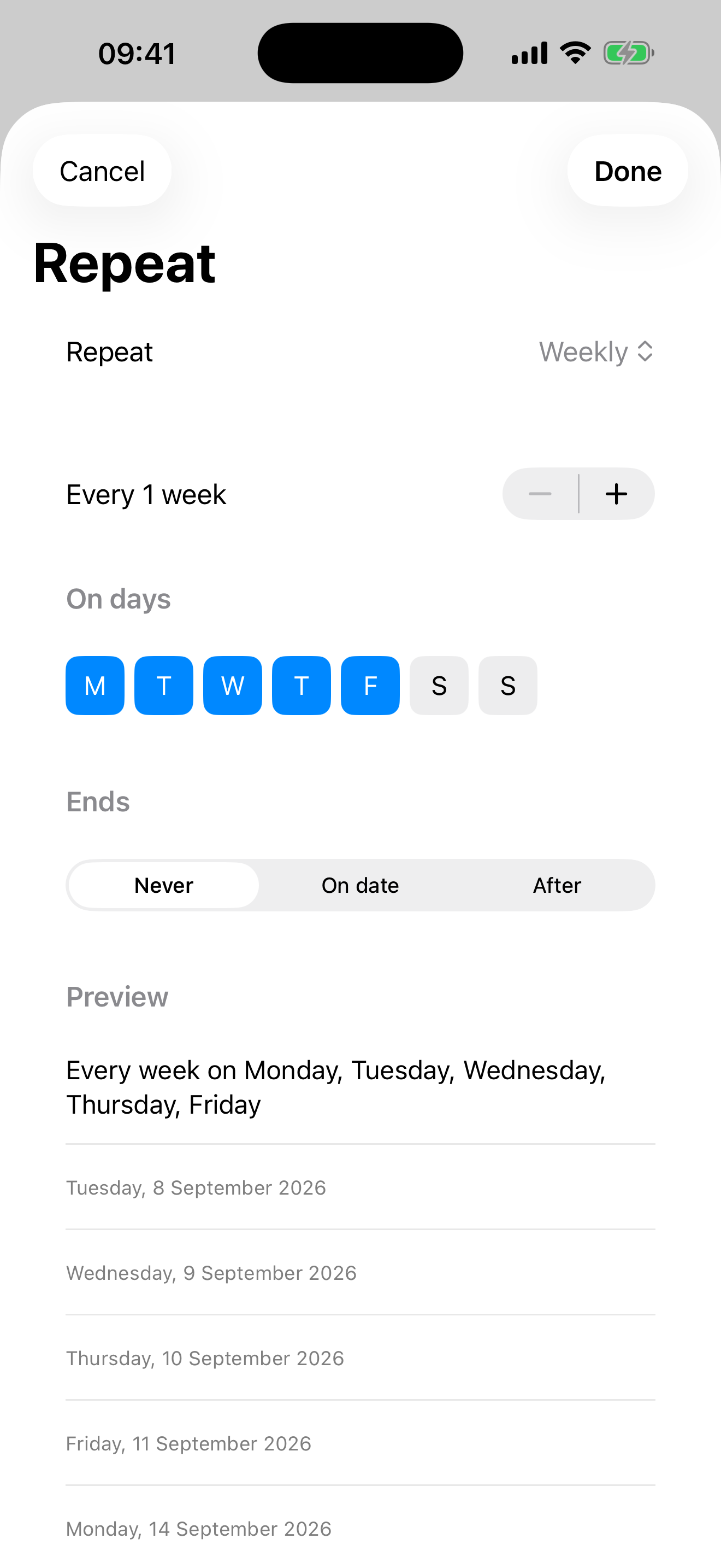 The recurrence editor set to repeat weekly on weekdays, with a preview listing the next five occurrences