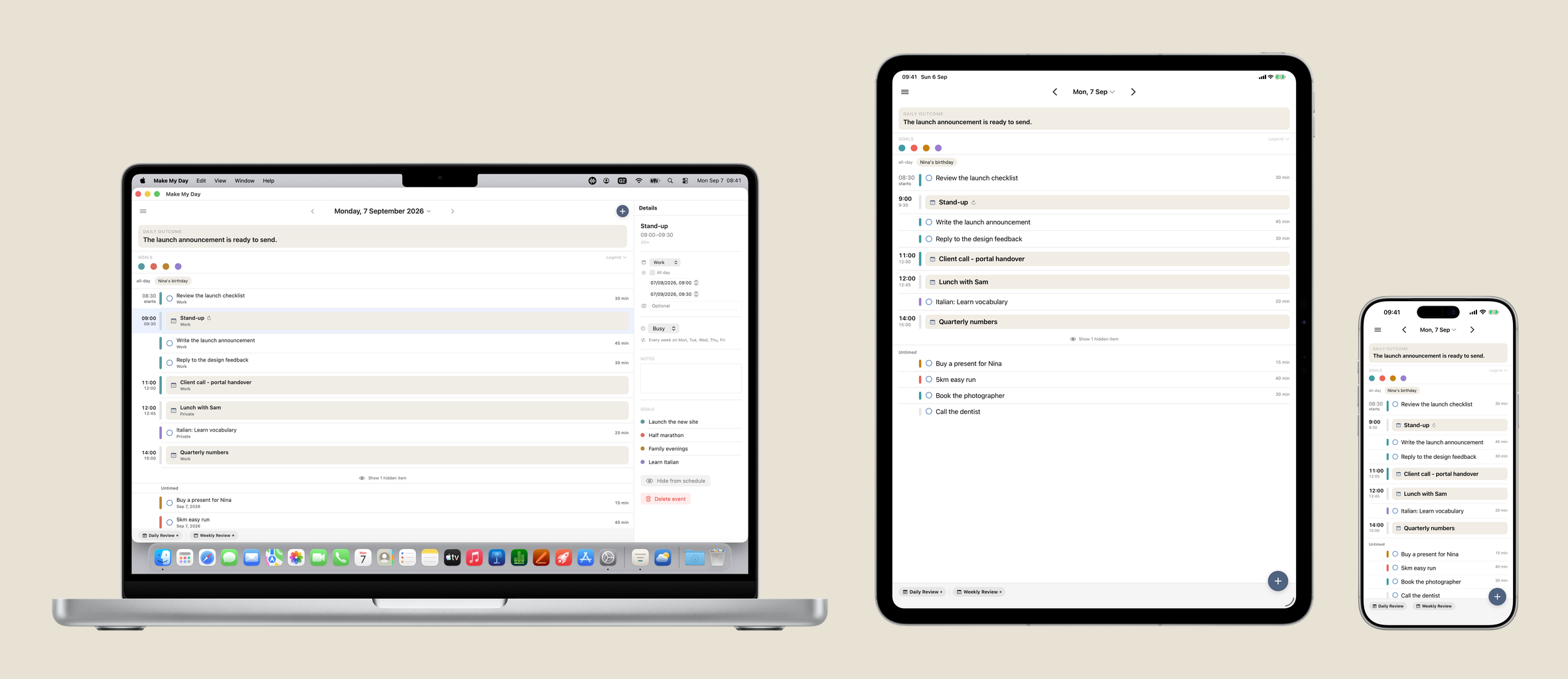 Ein MacBook, ein iPad und ein iPhone nebeneinander, die denselben Montag zeigen: auf dem Mac das Detailfeld neben der Zeitleiste, auf iPad und iPhone derselbe Tag, dasselbe Tagesergebnis und dieselben Zielfarben.